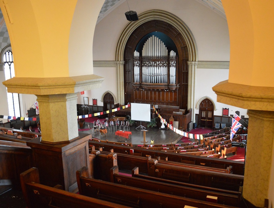 The large thrust stage has no religious symbols and can be configured for a large variety of needs.