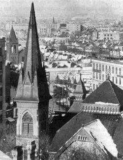 Donald and Ellice looking NW, 1923, church in the foreground Knox Presbyterian Church. Calvary Temple is on the left. Holy Rosary Catholic Church is in the background middle. MB Archives