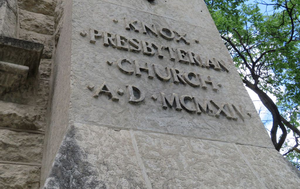 The cornerstone at the base of the southeast tower.